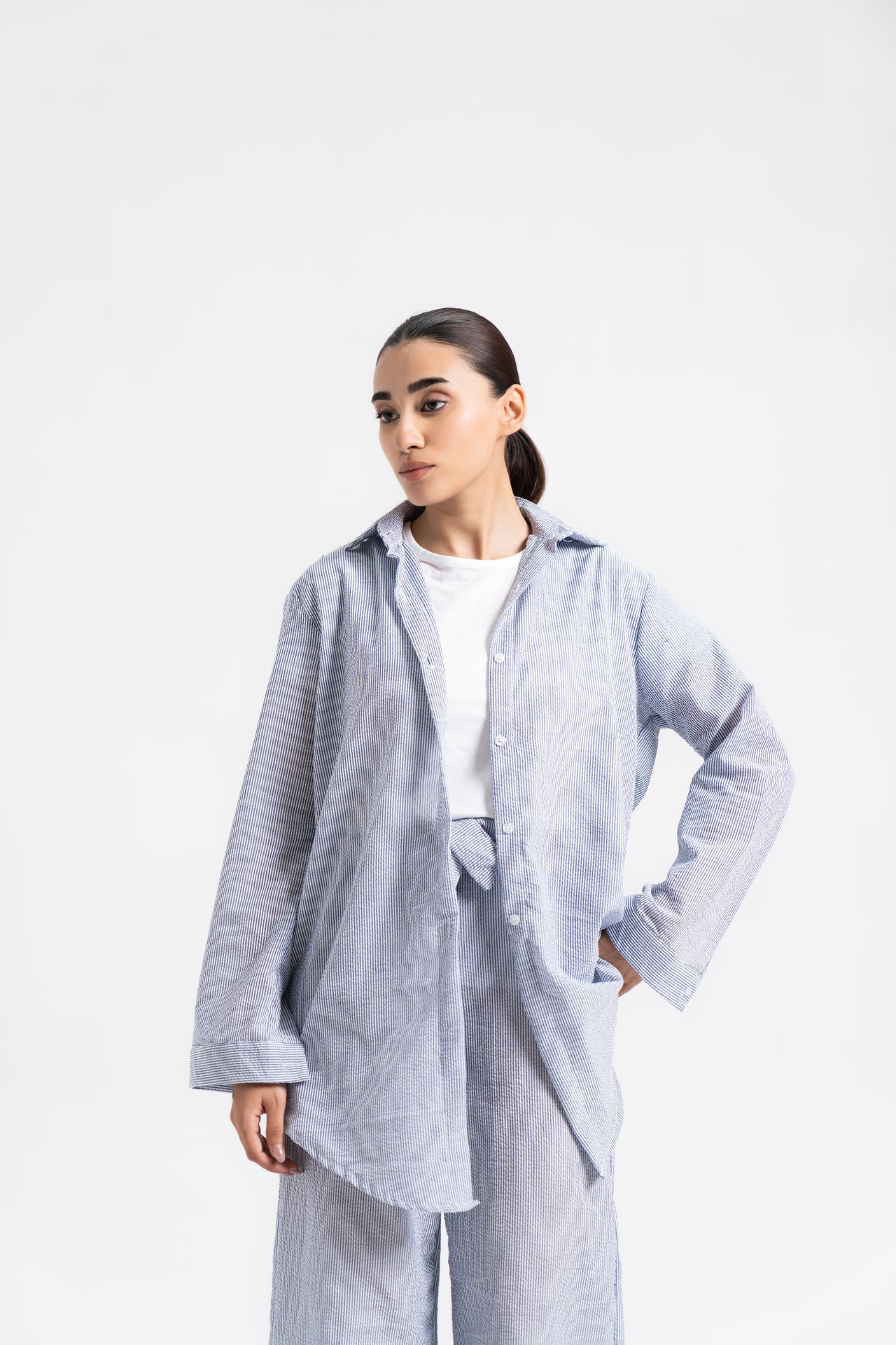 Oversized Flowy Shirt - Blue White Stripes