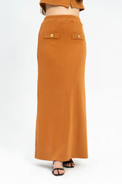 Knit Skirt with Golden Button - Mustard Brown