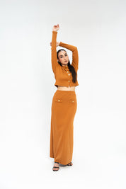 Knit Skirt with Golden Button - Mustard Brown