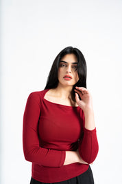 Square Cut Ribbed Top - Maroon