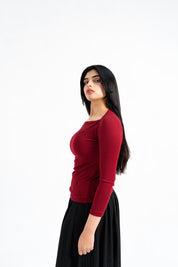 Square Cut Ribbed Top - Maroon