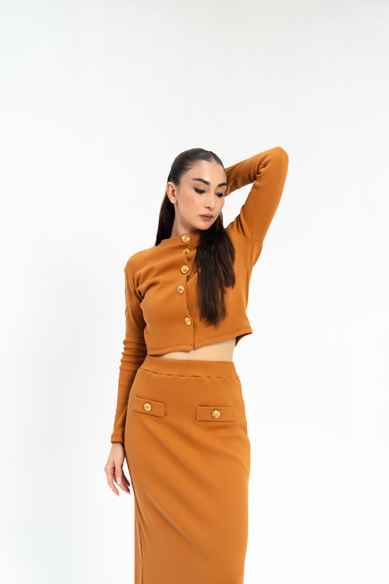 Knit Skirt with Golden Button - Mustard Brown
