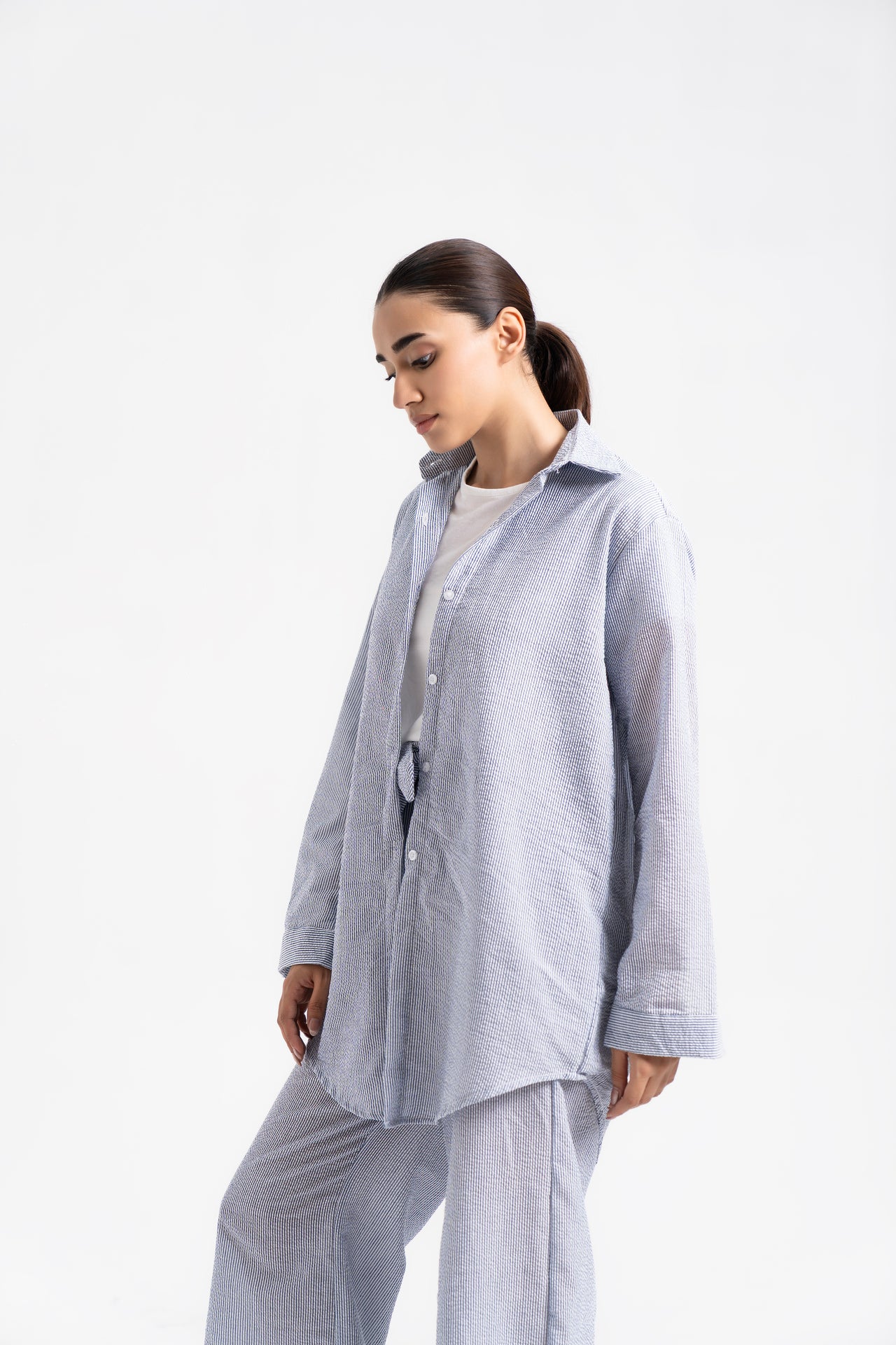 Oversized Flowy Shirt - Blue White Stripes