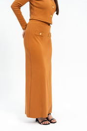 Knit Skirt with Golden Button - Mustard Brown