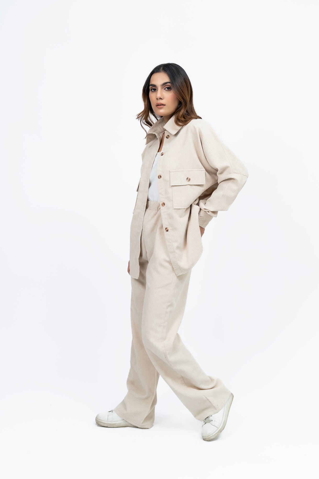 Overshirt with Pockets in Corduroy - Cream