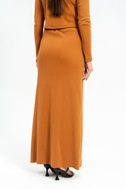 Knit Skirt with Golden Button - Mustard Brown