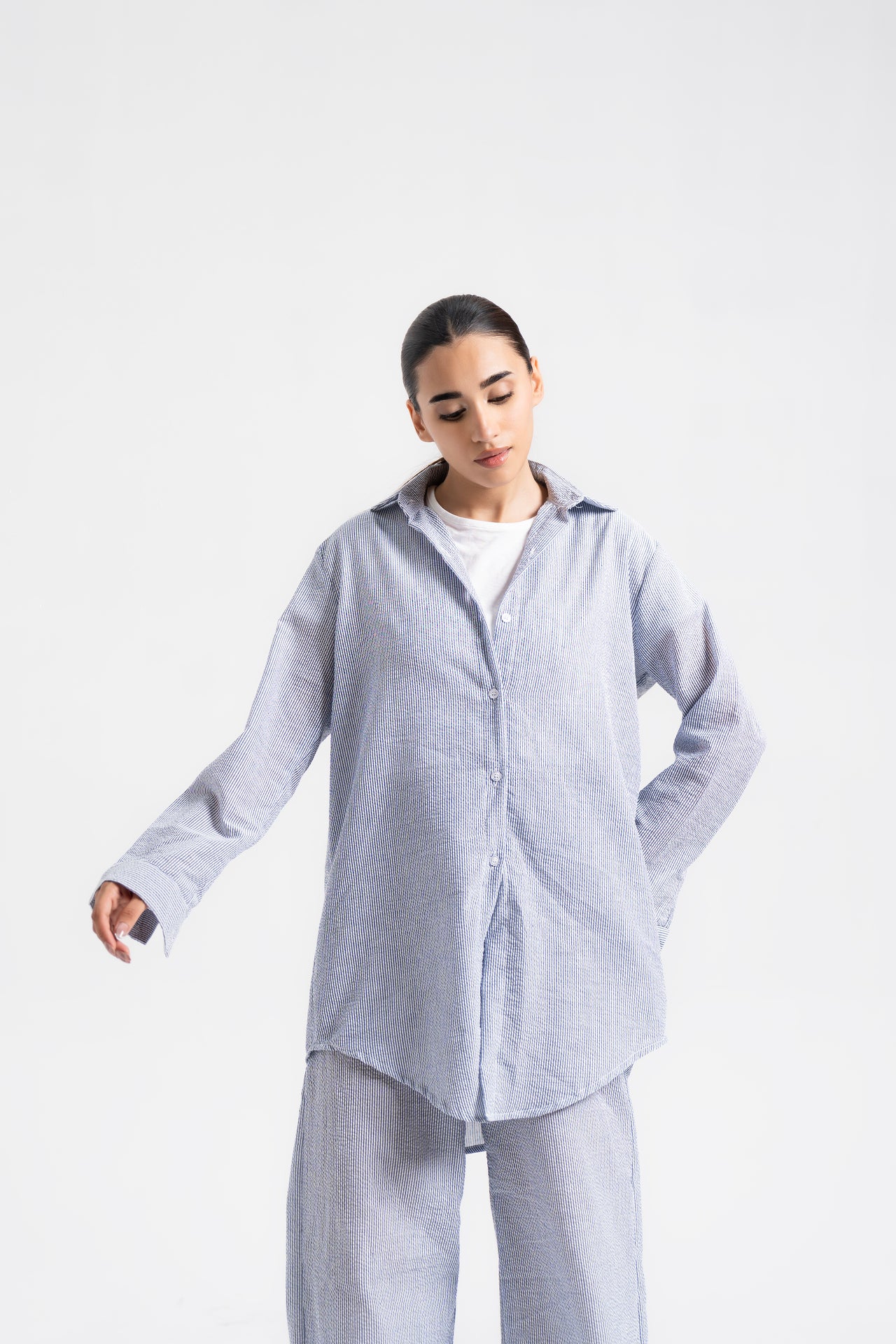 Oversized Flowy Shirt - Blue White Stripes