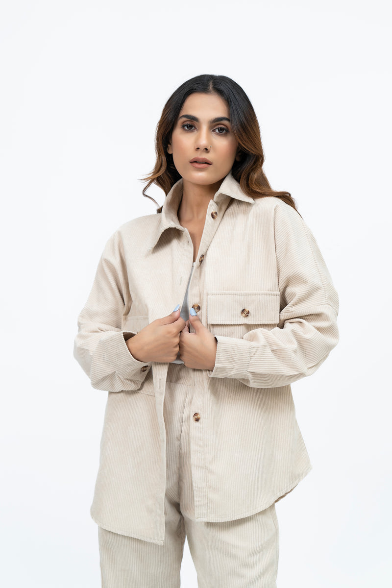 Overshirt with Pockets in Corduroy - Cream