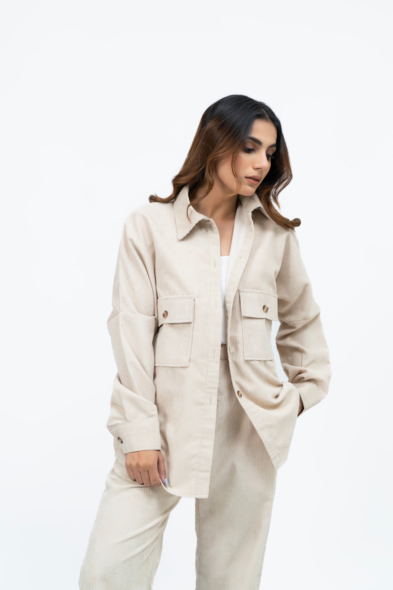 Overshirt with Pockets in Corduroy - Cream
