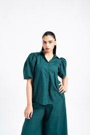 Puff Sleeve Button-Down Top - Dark Teal