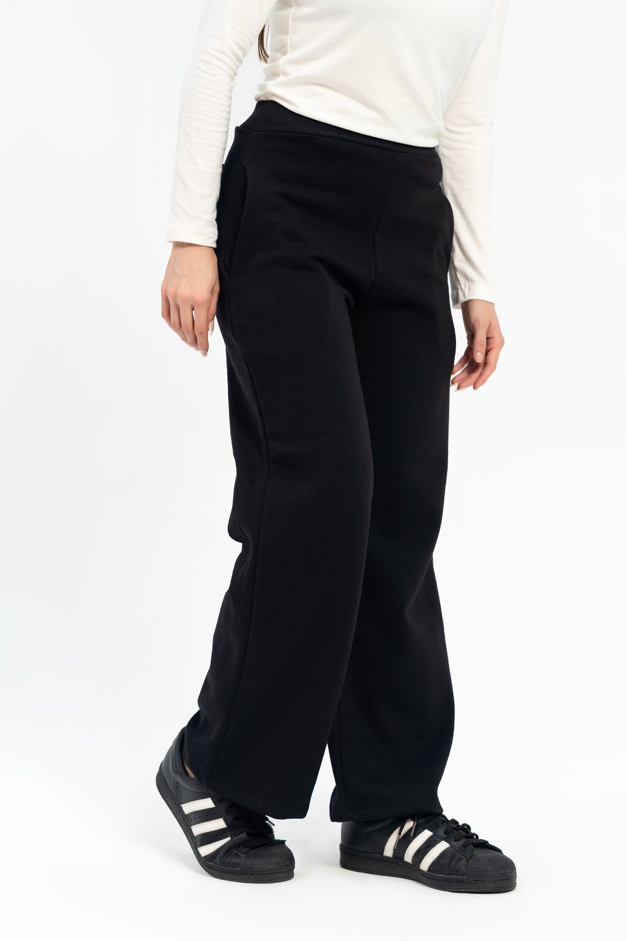 Wide Leg Fleece Sweatpants - Black