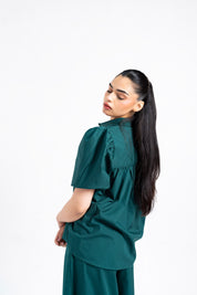 Puff Sleeve Button-Down Top - Dark Teal