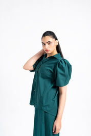 Puff Sleeve Button-Down Top - Dark Teal