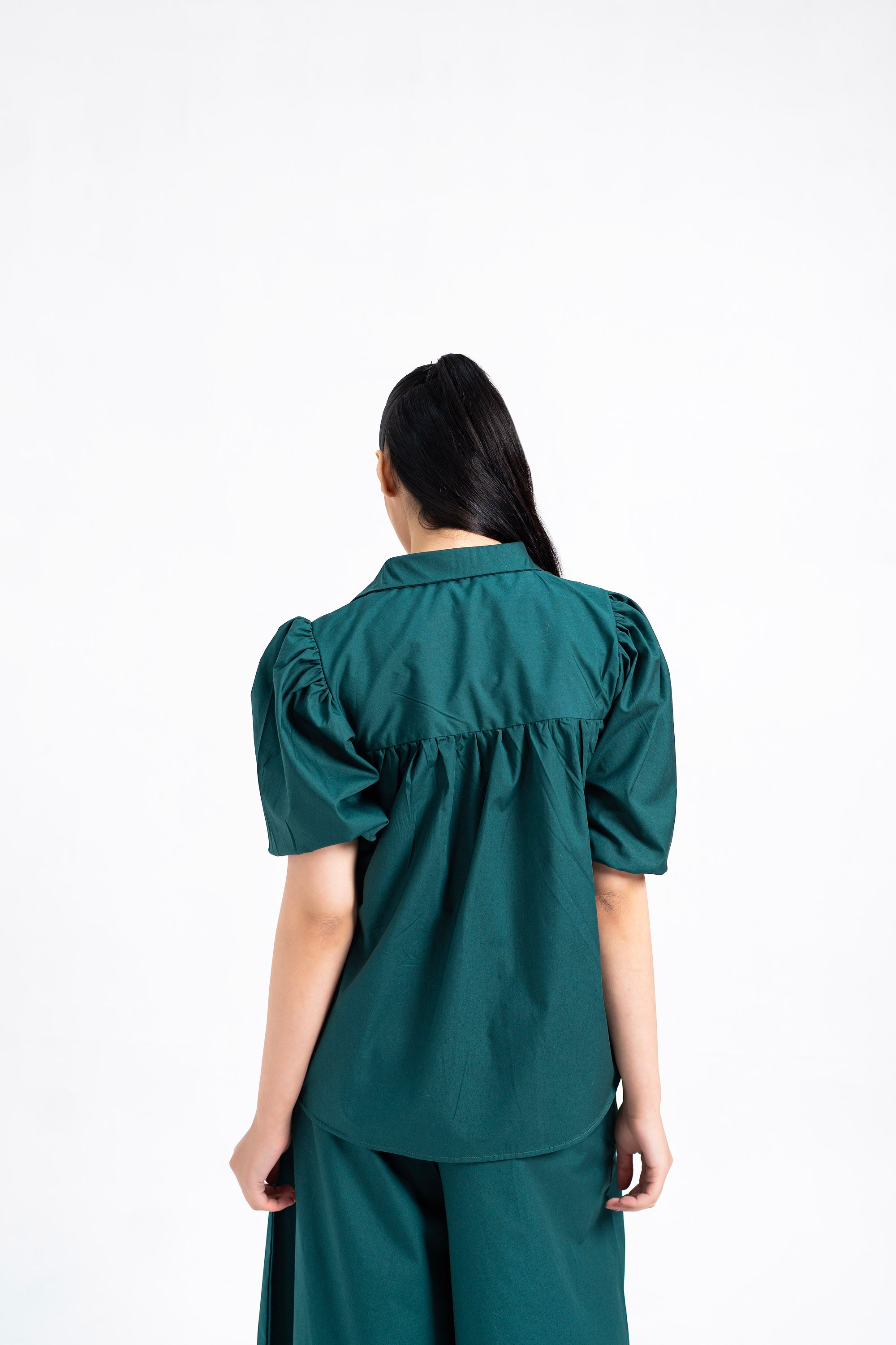 Puff Sleeve Button-Down Top - Dark Teal