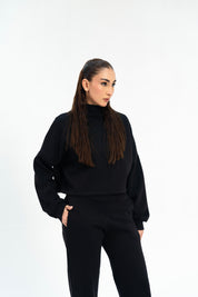 Cropped Mock Neck Pullover - Black