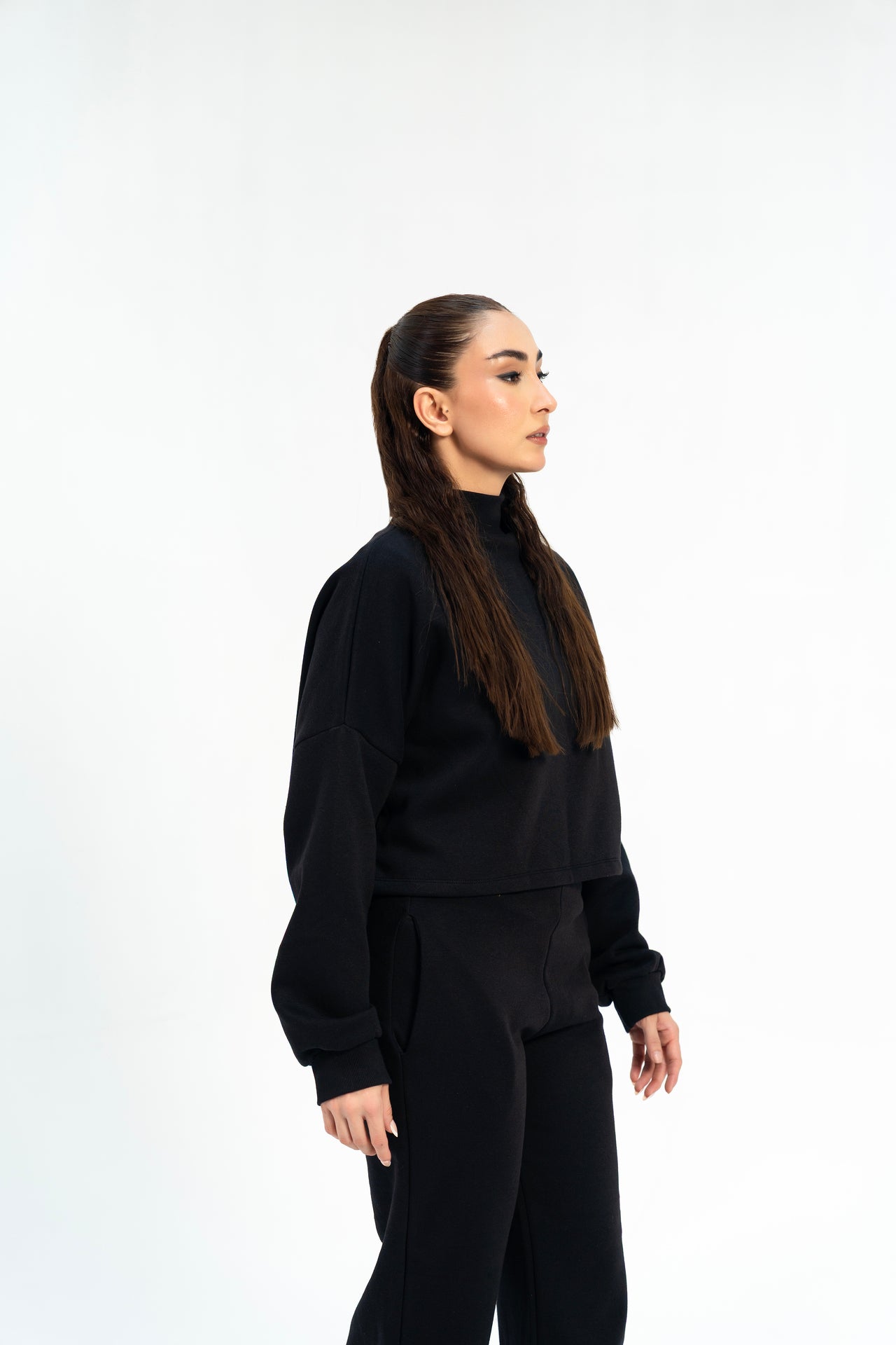 Cropped Mock Neck Pullover - Black