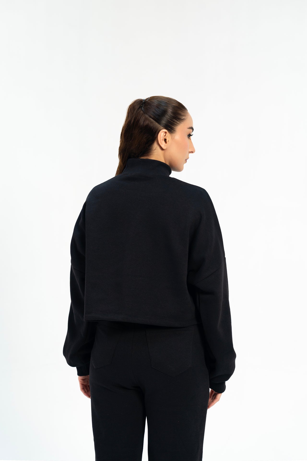 Cropped Mock Neck Pullover - Black