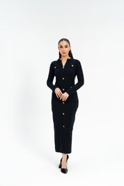 V Neck Bodycon Dress with Golden Button - Black