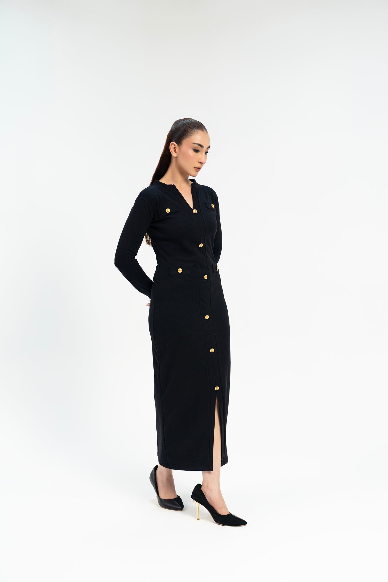 V Neck Bodycon Dress with Golden Button - Black