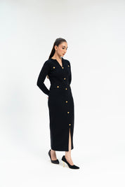 V Neck Bodycon Dress with Golden Button - Black