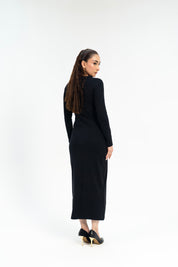 V Neck Bodycon Dress with Golden Button - Black