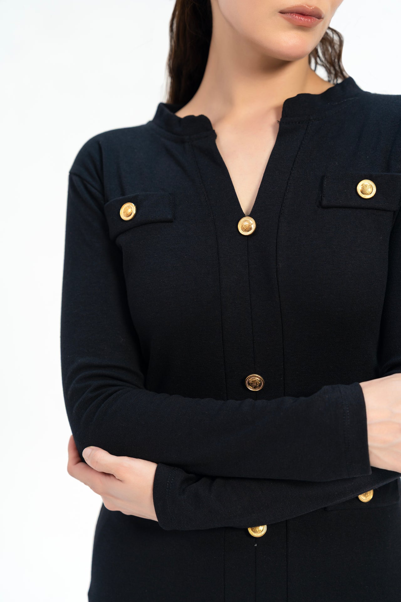 V Neck Bodycon Dress with Golden Button - Black