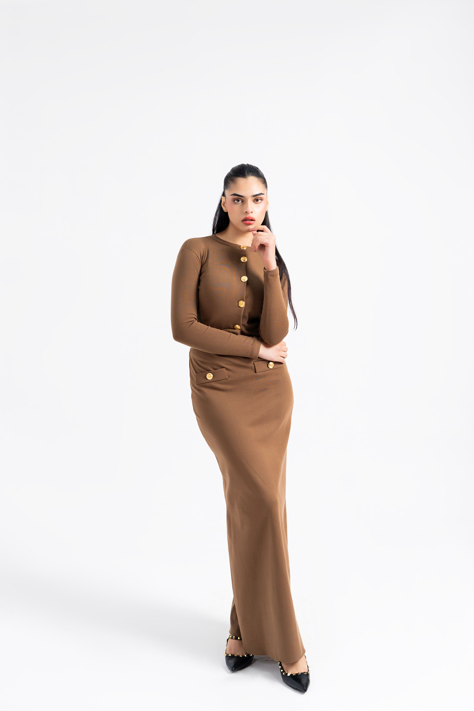 Knit Skirt with Golden Button - Brown