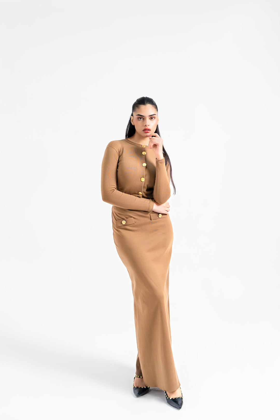 Cropped Knit Top with Golden Button - Brown