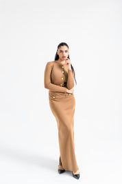 Cropped Knit Top with Golden Button - Brown