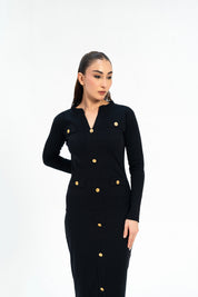 V Neck Bodycon Dress with Golden Button - Black