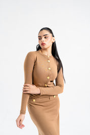 Cropped Knit Top with Golden Button - Brown
