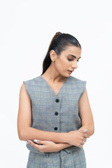 Single Breasted Vest Blazer - Grey Grid Check