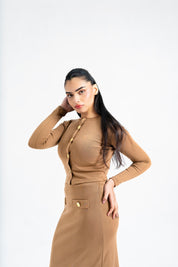 Cropped Knit Top with Golden Button - Brown