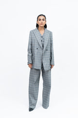 Double Breasted Loose Fit Blazer - Grey Grid Check