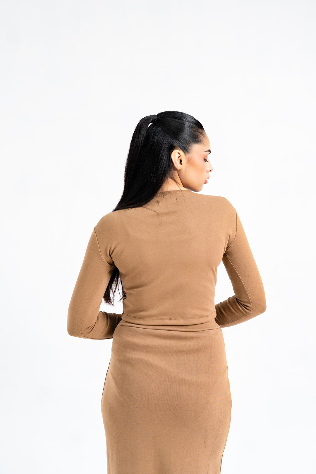 Cropped Knit Top with Golden Button - Brown