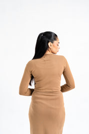 Cropped Knit Top with Golden Button - Brown