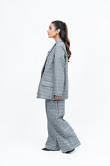 Double Breasted Loose Fit Blazer - Grey Grid Check