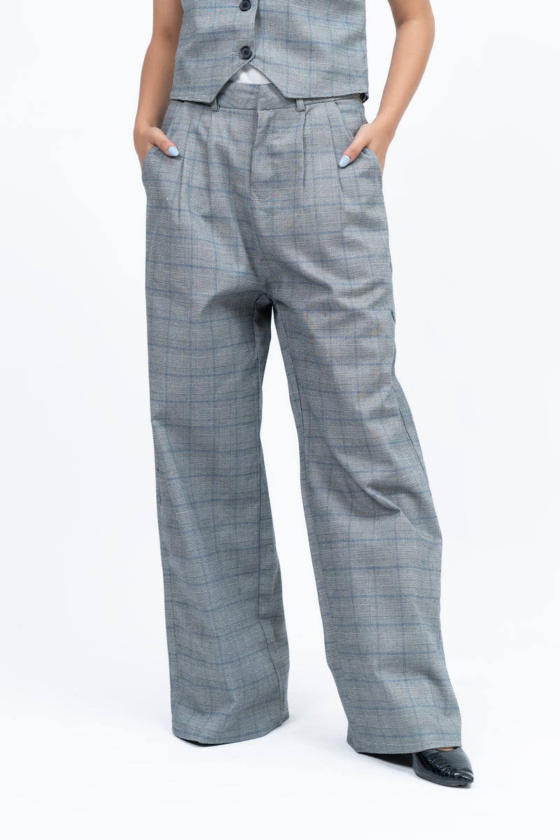 Wide Leg Pleated Pant - Grey Grid Check