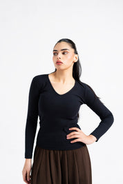 V Neck Ribbed Top - Black