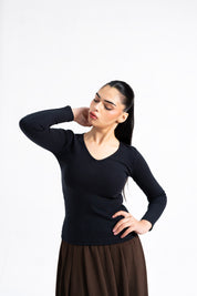 V Neck Ribbed Top - Black