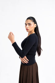 V Neck Ribbed Top - Black