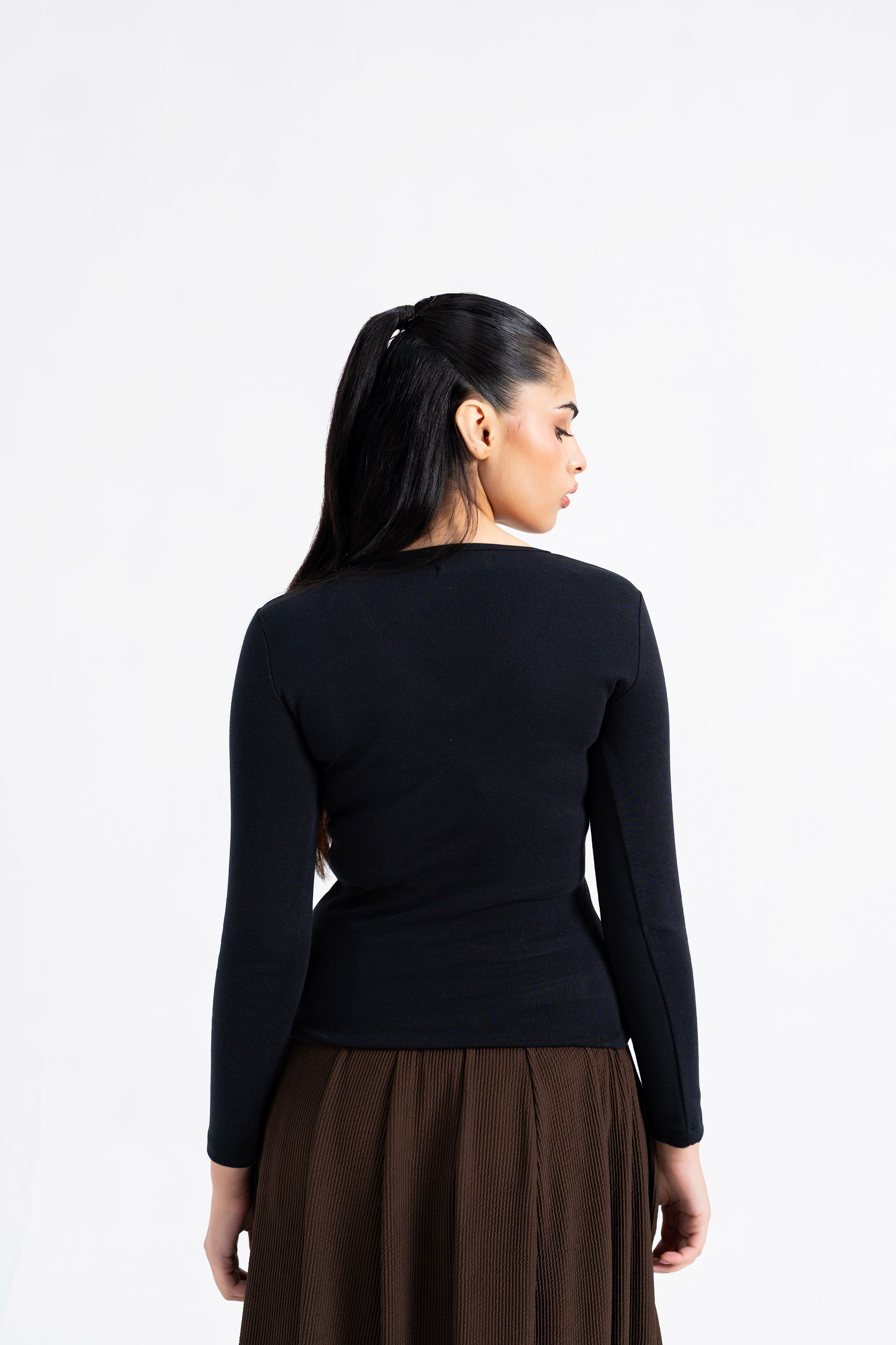 V Neck Ribbed Top - Black