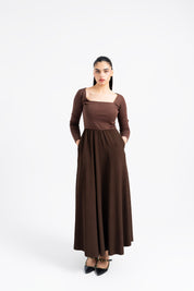 Square Neck Knit & Flowy Maxi Dress - Mocha Brown
