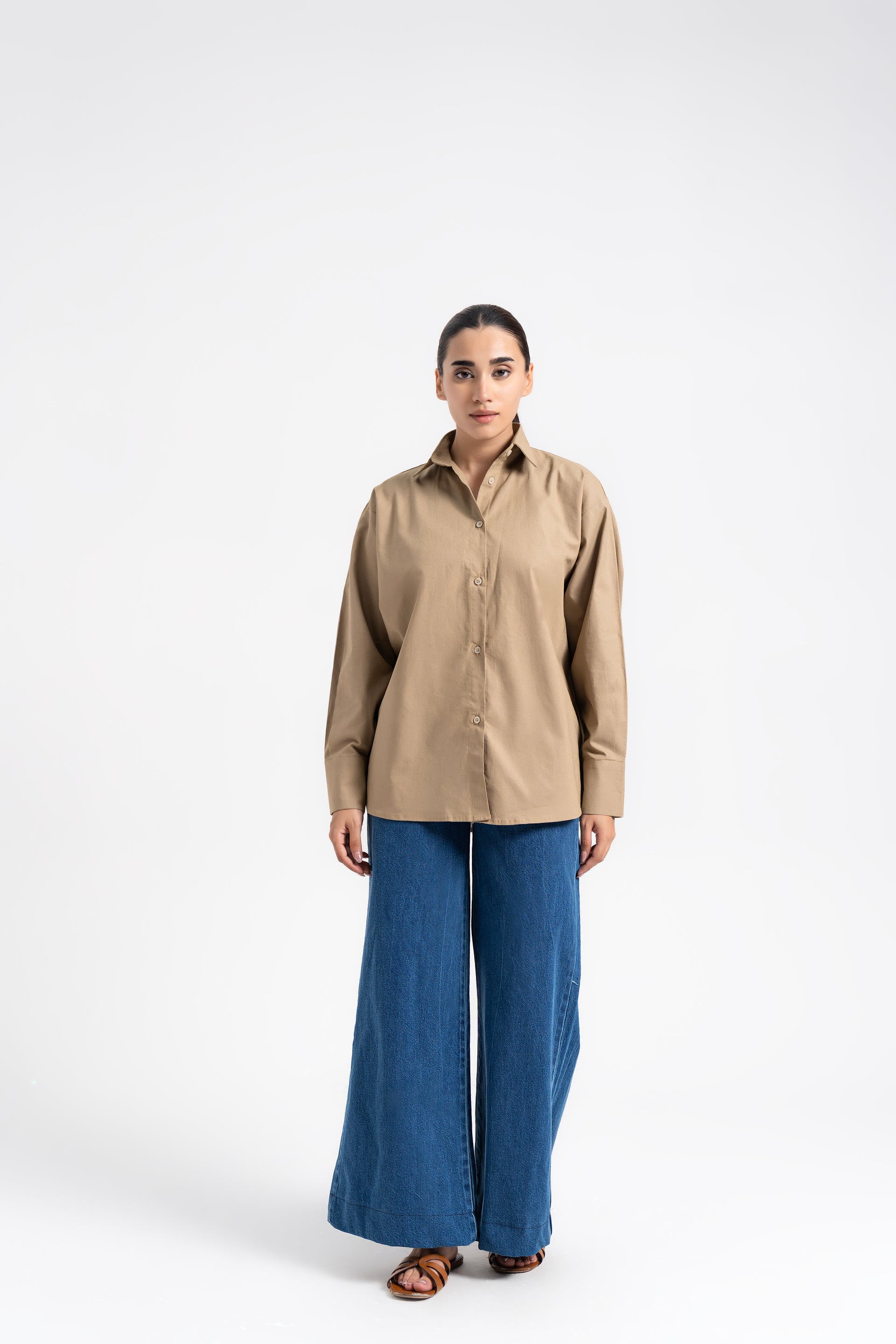 Oversized Shirt with Pleat at Back - Khaki (linen)