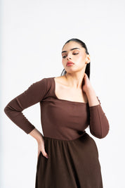 Square Neck Knit & Flowy Maxi Dress - Mocha Brown