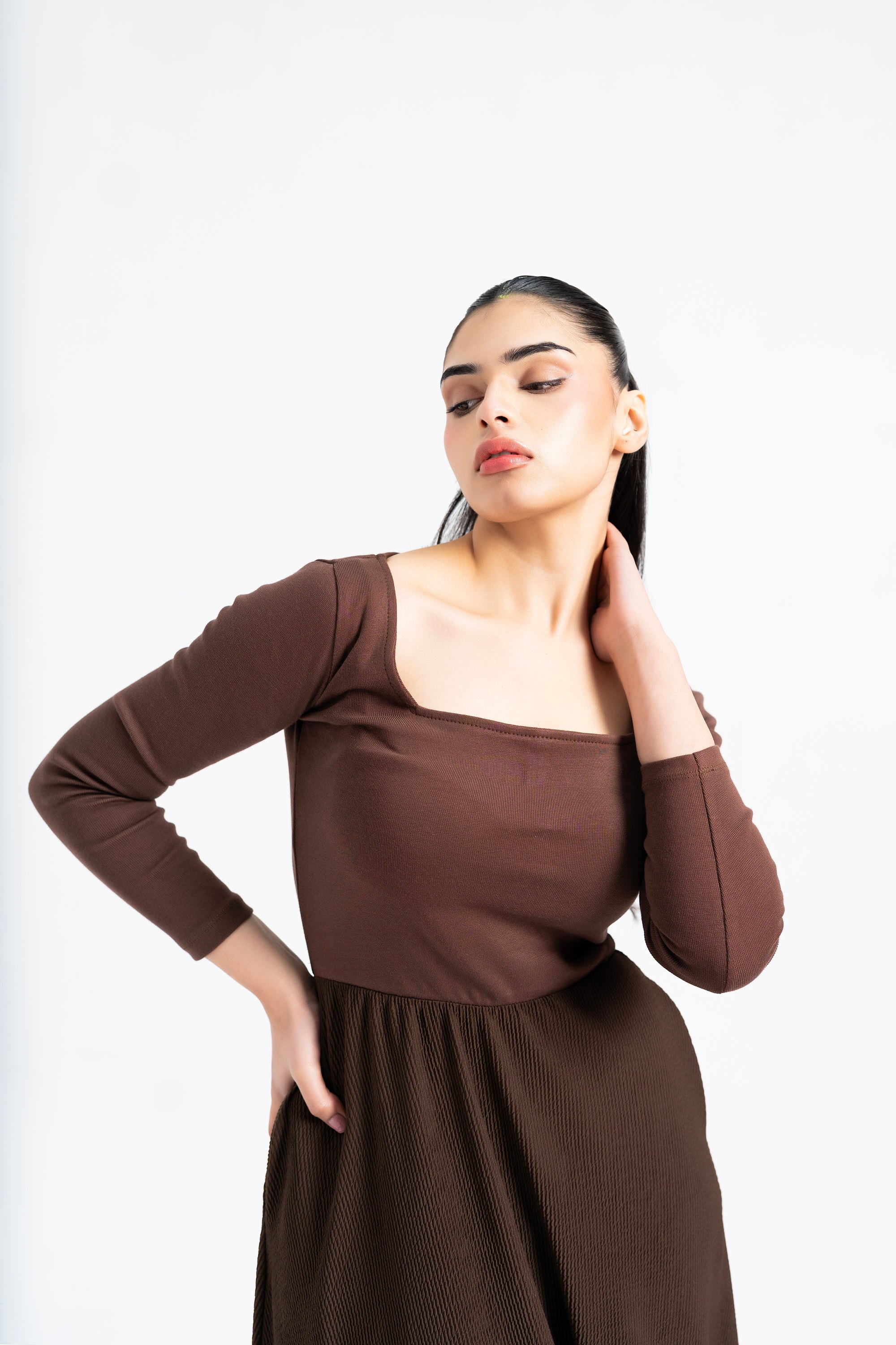 Square Neck Knit & Flowy Maxi Dress - Mocha Brown