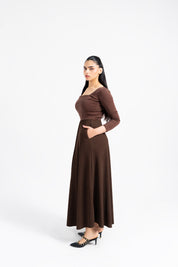 Square Neck Knit & Flowy Maxi Dress - Mocha Brown