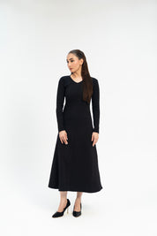 V Neck Ribbed Knit Flared Dress - Black