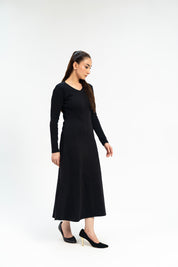 V Neck Ribbed Knit Flared Dress - Black