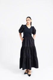 V Neck Ribbed Tiered Maxi Dress - Black